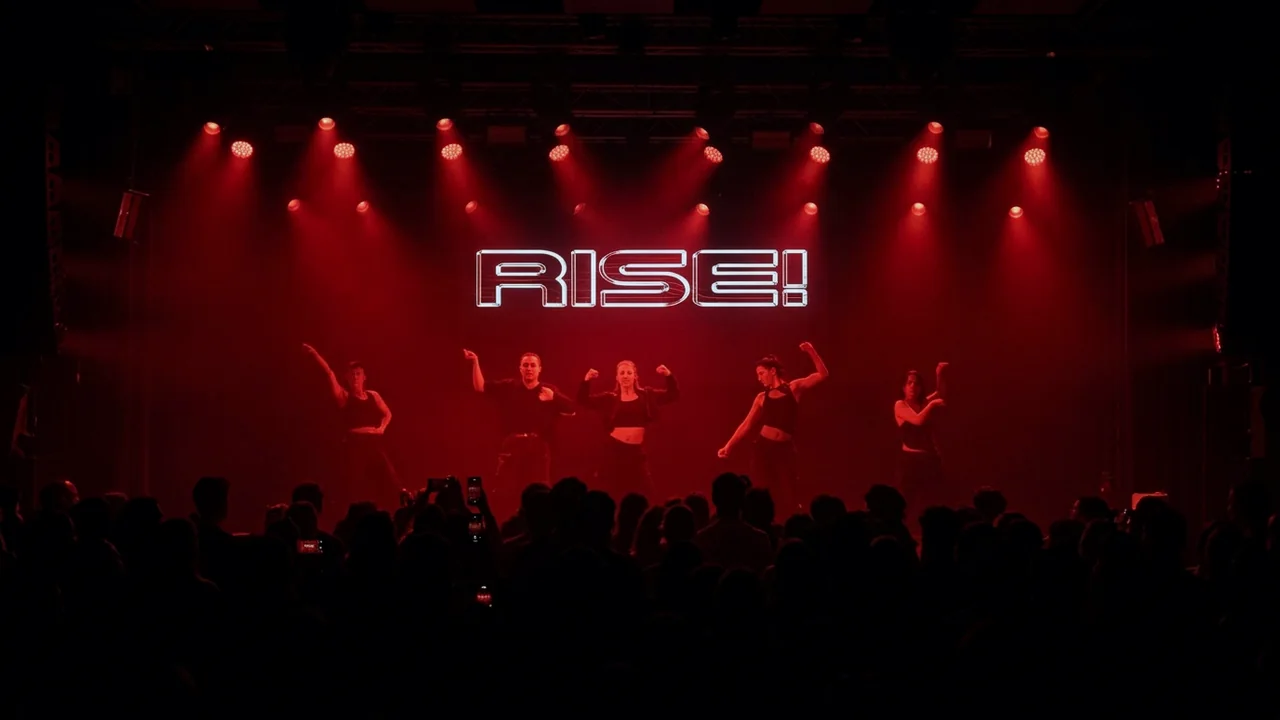 Wide view of the RISE! showcase crowd and stage